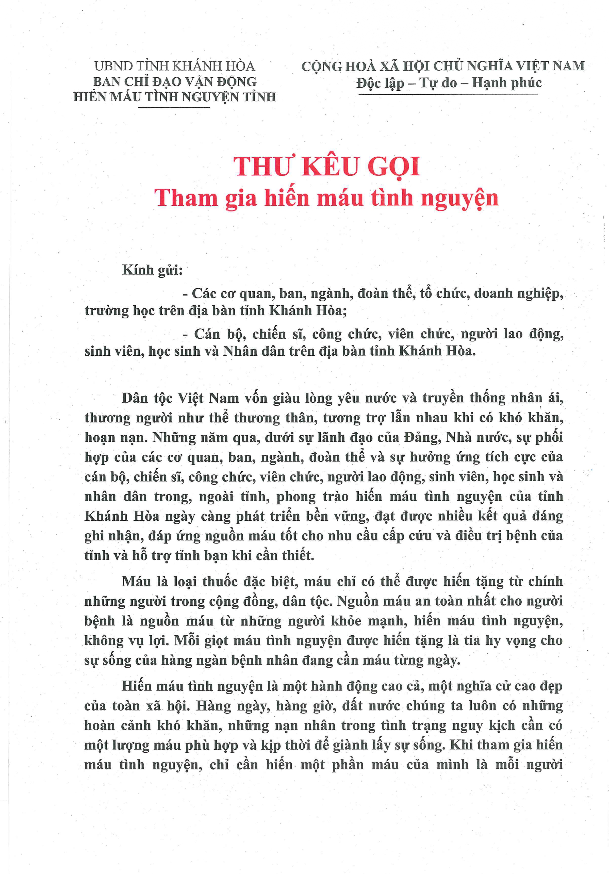 THƯ KÊU GỌI Tham gia hiến máu tình nguyện 